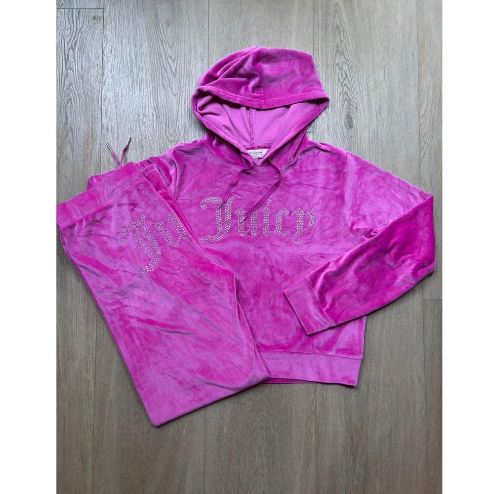 Juicy Couture Pink Velour Tracksuit Hoodie Pants Set Rhinestone Logo Size L Y2k